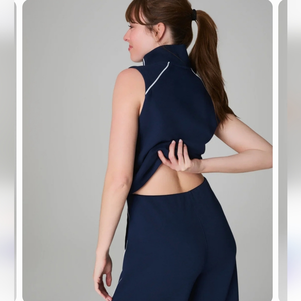 Spanx Airessentials Pique Sleeveless Mockneck Wide Leg Jumpsuit Sz Medium Navy - Picture 3 of 10